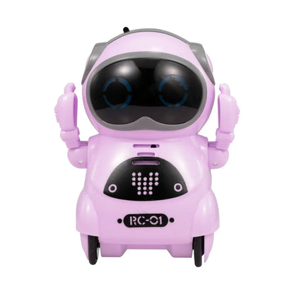 interactive pocket robot toys in pink, featuring blinking LEDs and small wheels for fun and learning.