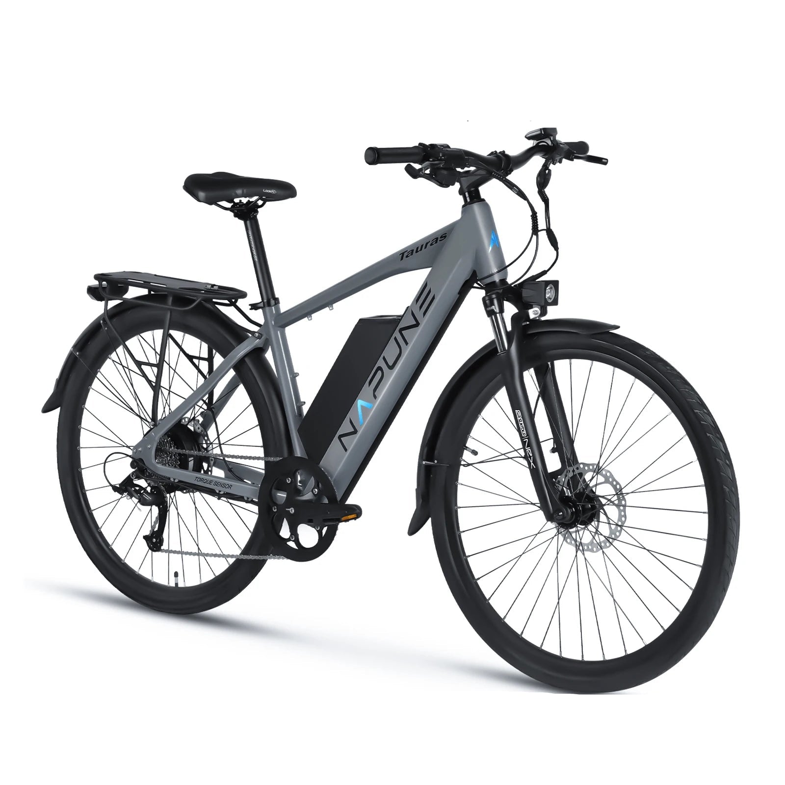 Adult electric bicycle in grey color designed for city commute and leisure rides.