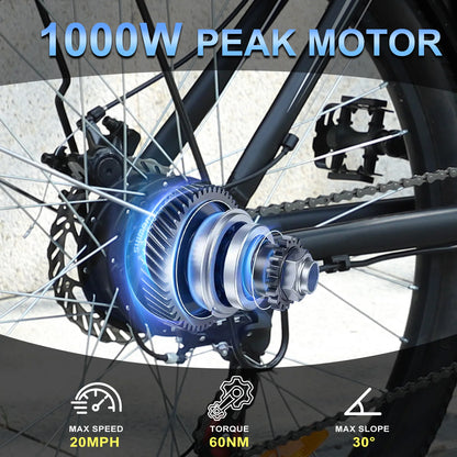 1000W peak motor with max speed 20MPH and torque 60NM for 48V electric bike for commuting.