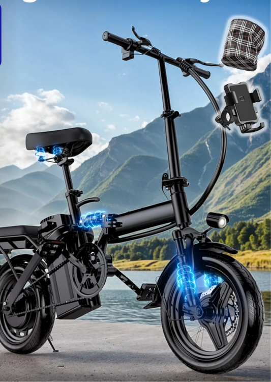 Folding electric bike with mountain scenery, showcasing compact design and innovative features for urban commuting.