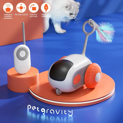 Automatic Rolling Smart Cat Toy Car with remote control and feather teaser, perfect for keeping cats entertained.