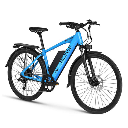 Adult electric bicycle in blue color, designed for city commutes and leisure rides.