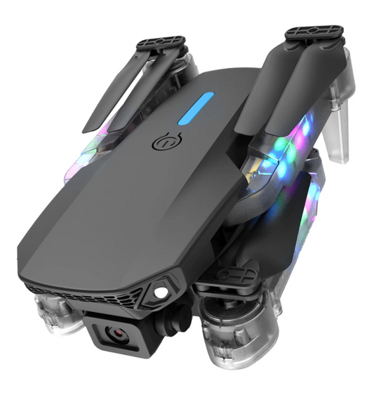 Dual camera quadcopter drone showcasing foldable design and LED lights for easy transport and aerial photography.
