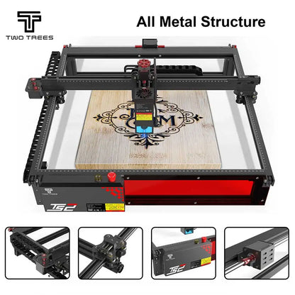 TS2 20W Laser Engraver showing all metal structure with a detailed engraving on wood.