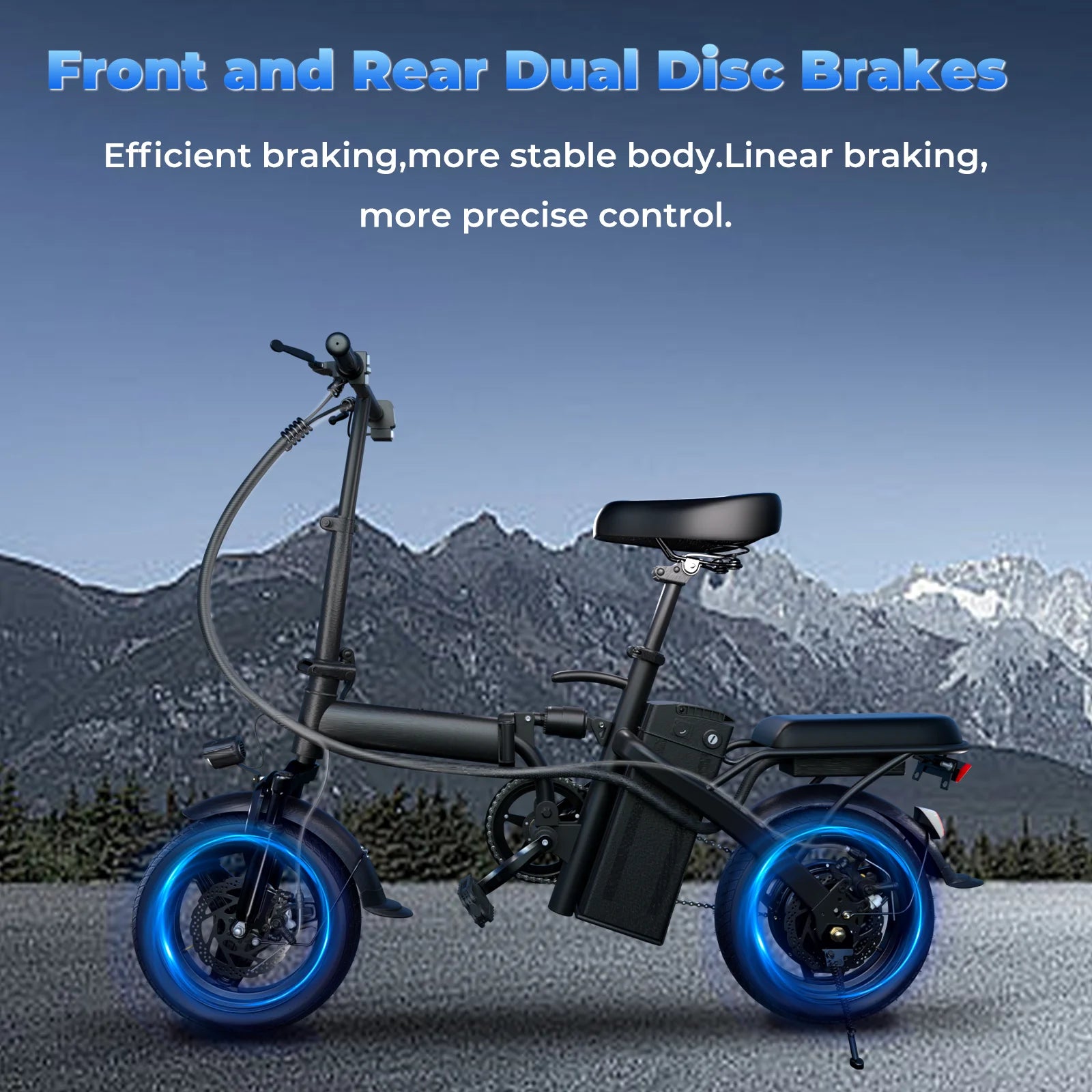 Folding electric bike featuring front and rear dual disc brakes for efficient braking and better stability.