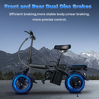 Folding electric bike featuring front and rear dual disc brakes for efficient braking and better stability.