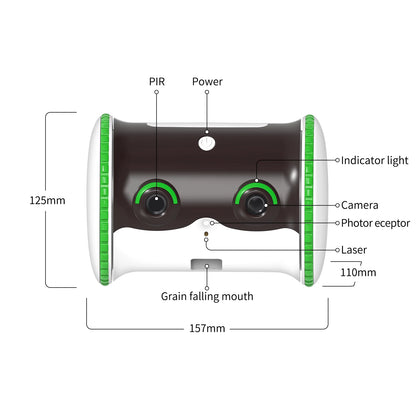 Little Puffer Robot Pet Feeder top view showing features like camera, indicator light, and grain falling mouth.