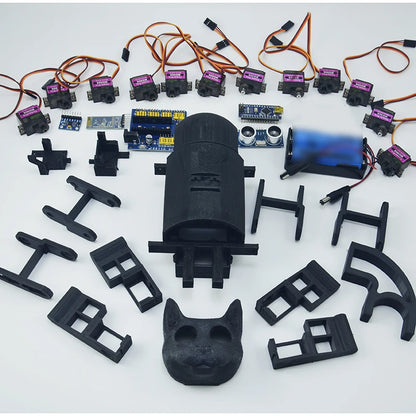 Quadruped bionic robot parts and components for advanced robotics projects including servos and 3D printed pieces.