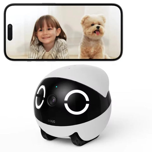 New Enabot Mini Pet Companion Robot with dog and child on smartphone screen