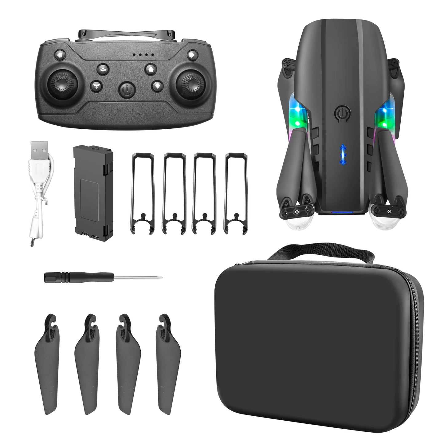 Dual camera quadcopter drone accessories including remote, carrying case, prop guards, and USB cable.