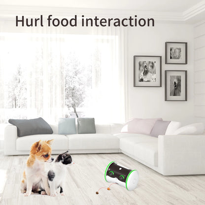 Little Puffer Robot Pet Feeder in a living room with a dog and cat, engaging in food interaction.