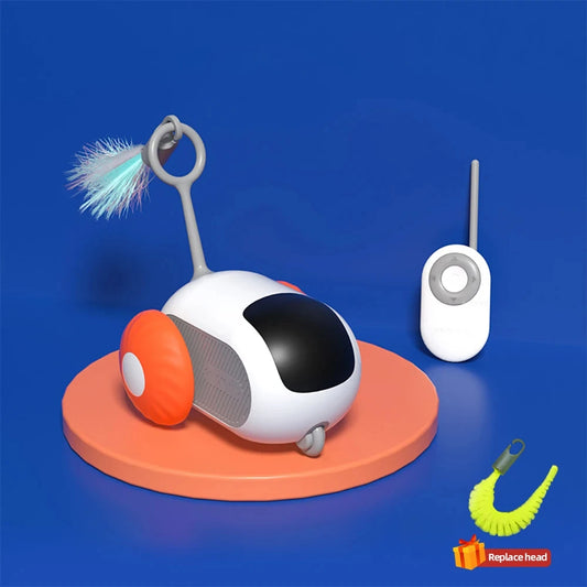Automatic Rolling Smart Cat Toy Car with feather attachment and remote on a colorful base.