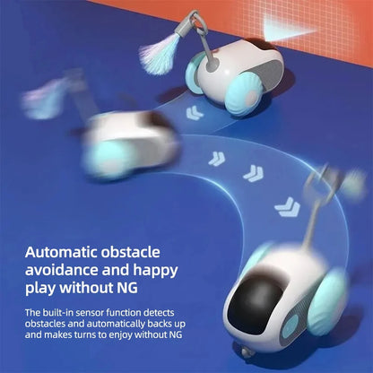 Automatic Rolling Smart Cat Toy Car demonstrating automatic obstacle avoidance and interactive play for cats.