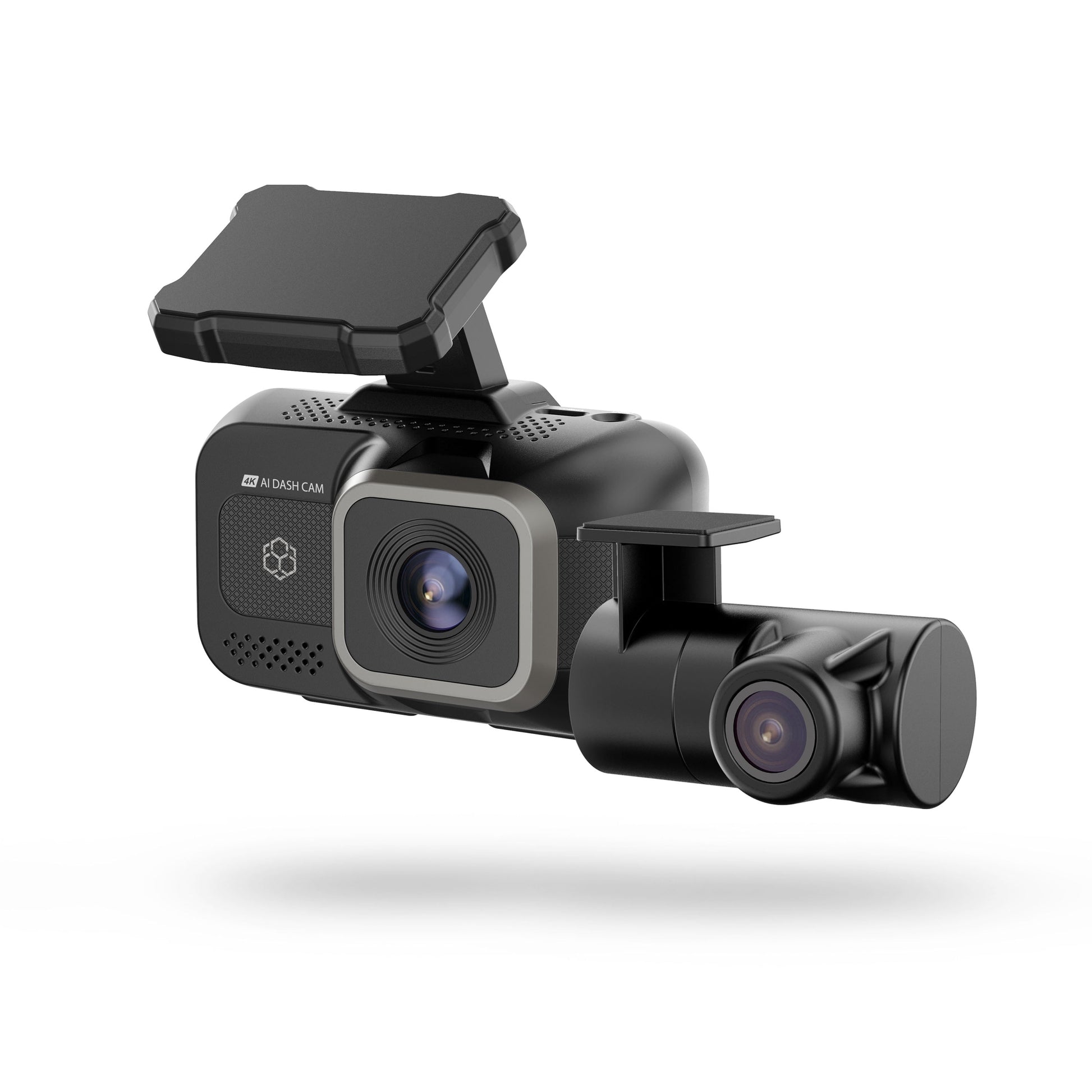 4K AI dash cam with rear camera showing front and rear modules for clear video recording of drives.