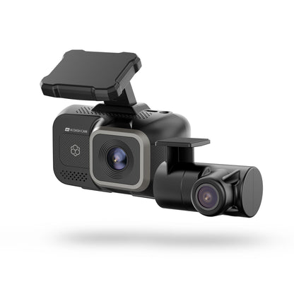 4K AI dash cam with rear camera showing front and rear modules for clear video recording of drives.