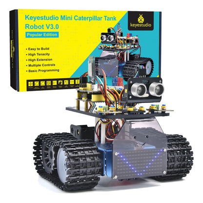 Mini smart tank robot kit with dual gear motors and colorful wiring, ideal for STEM projects.