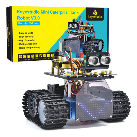 Mini smart tank robot kit with dual gear motors and colorful wiring, ideal for STEM projects.