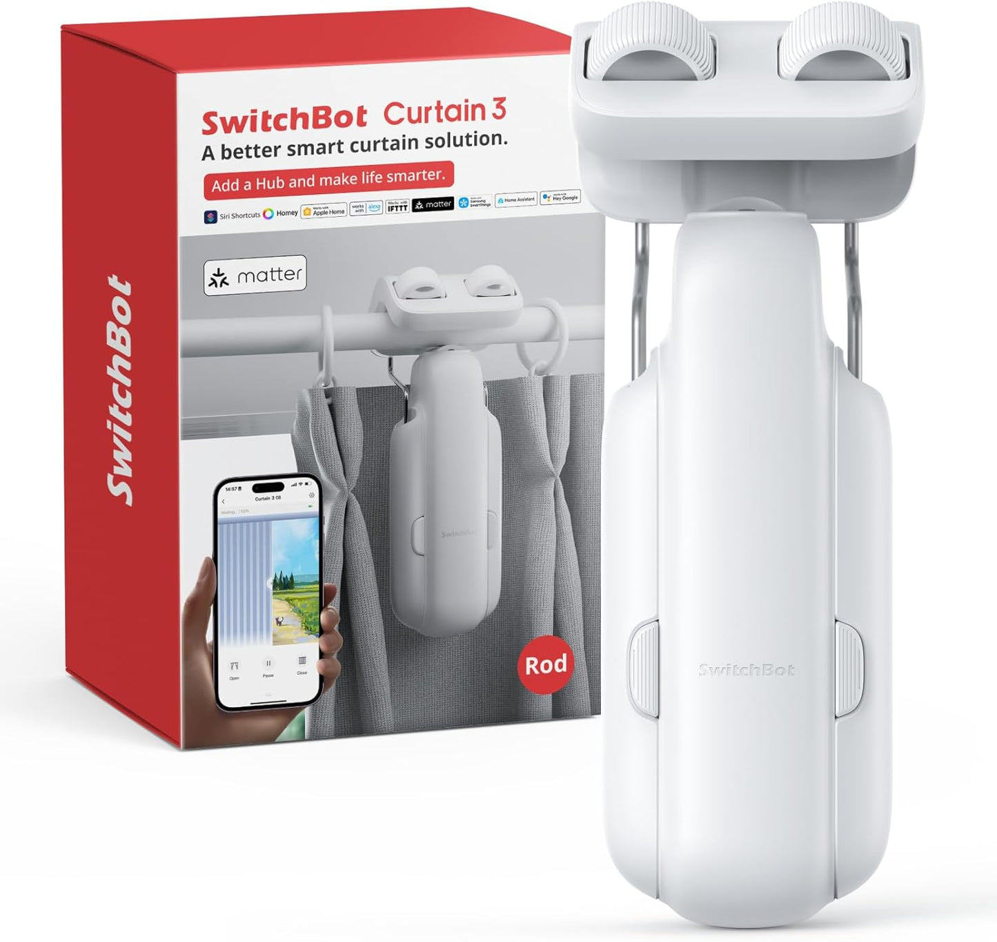 2025 Automatic Curtain Opener 3 Rod-Bluetooth Remote Control, Wifi&App Control, Upgraded High-Performance, Add Hub to Work with Alexa, Google Home, Homekit via Matter