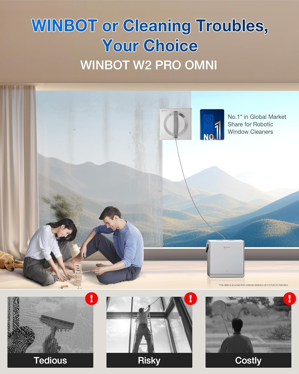 WINBOT W2 PRO Omni Portable Window Cleaning Robot with Multi-Functional Station, Charging While Working, Intelligent Cleaning with Triple Nozzle Water Sprayer, 12-Level Protection
