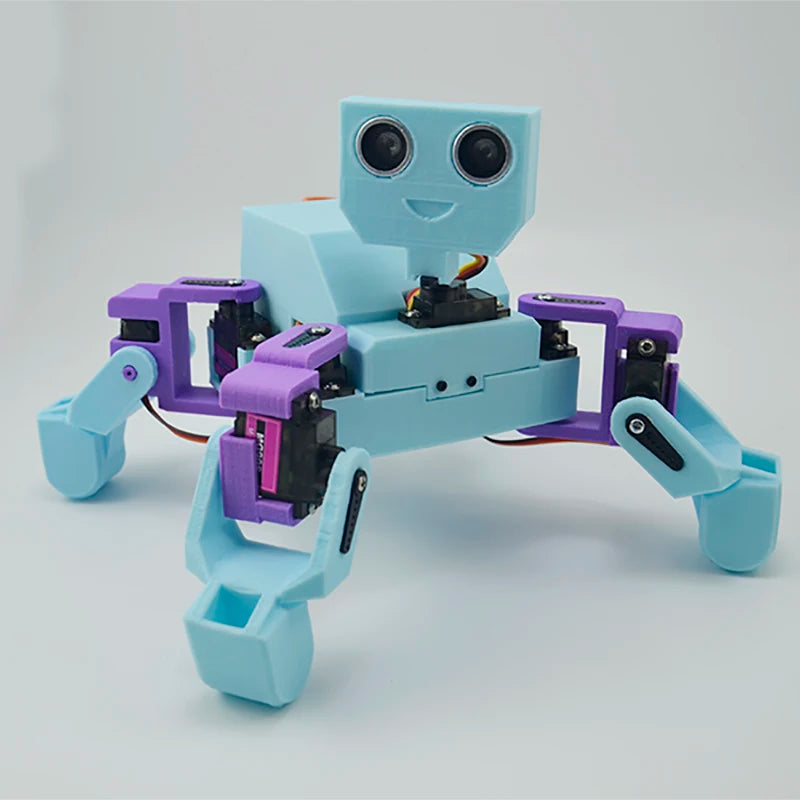 Quadruped spider robot for beginners with bright colors and friendly design, showcasing its capabilities and sturdy build.