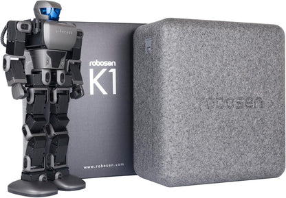 Lightweight voice control device beside Robosen K1 robot and packaging, showcasing smart technology in a compact design.