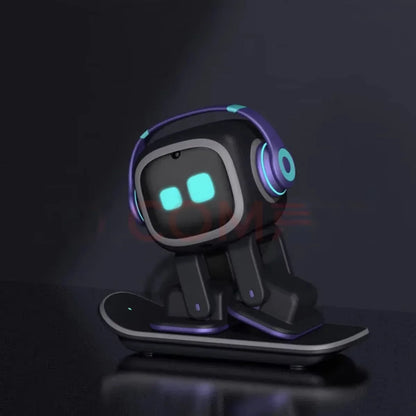 Interactive AI robots featuring a playful design with glowing accents and headphones on a sleek base.