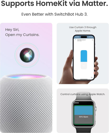 2025 Automatic Curtain Opener 3 Rod-Bluetooth Remote Control, Wifi&App Control, Upgraded High-Performance, Add Hub to Work with Alexa, Google Home, Homekit via Matter
