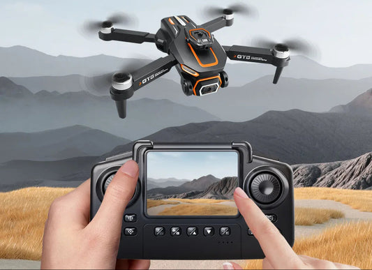4K RC drone with camera flying over a mountainous landscape with a remote control in use.