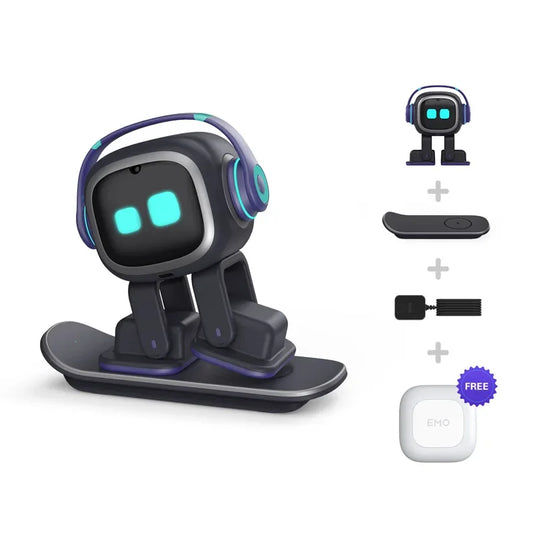 Interactive AI robots on a skateboard with headphones for learning and smart assistance.