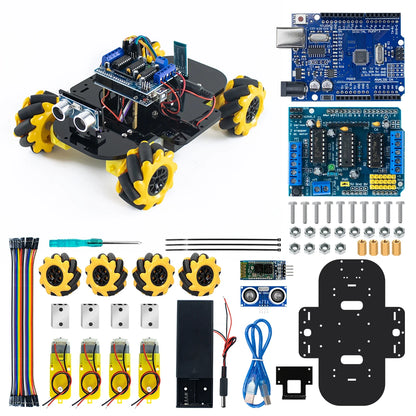 Arduino robot kit for beginners components, including chassis, motors, sensors, and control board.