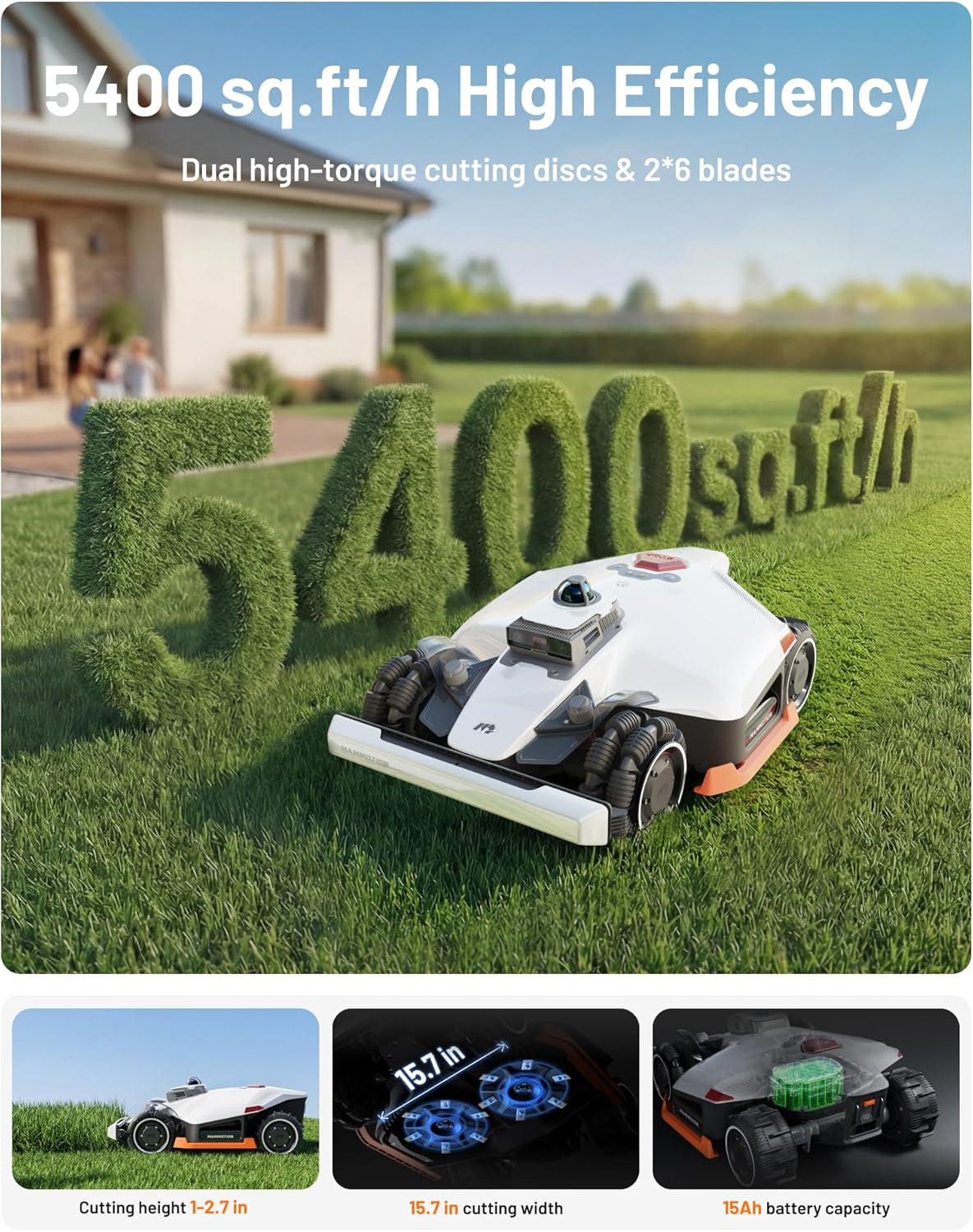 LUBA 3 AWD 5000 Robot Lawn Mower with Garage, 1.25 Acres, 360° Lidar+Netrtk+Ai Vision, All-Wheel-Drive for 80% Slopes, 50 Multi-Zone Management, Cutting Height 1.0"-2.7"