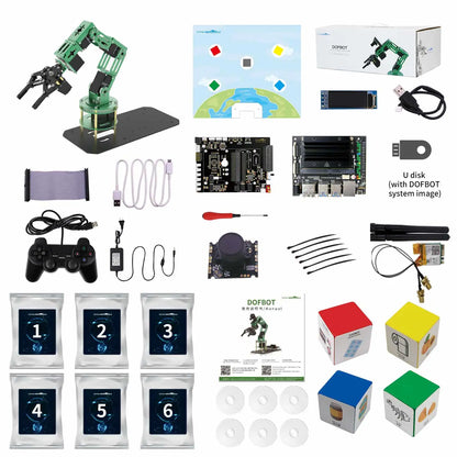 AI robotic arm kit components including robotic arm, tools, and accessories for learning and engineering projects.
