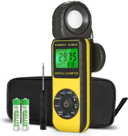 handheld lux meter for plant lighting with clear digital display and included accessories.